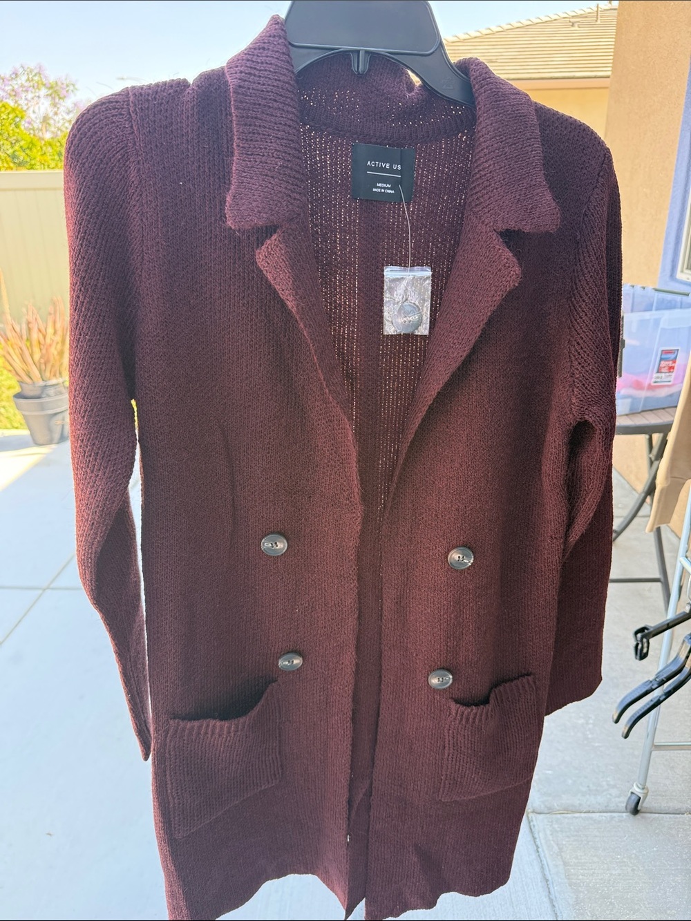 Active USA Women's Dark Burgundy Double-Breasted Knit Cardigan